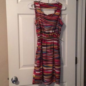 Multi color stripe dress, belt, opening upper back